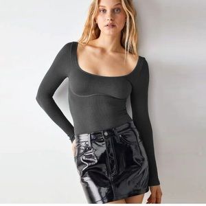 Free People Black Ribbed Knit Meg Seamless Long Sleeve Bodysuit M/L